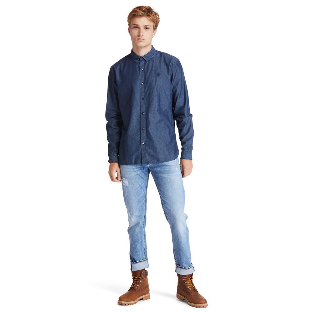 Timberland Πουκαμισα Ανδρικα Σκουρο Μπλε - Mumford River Slim-Fit Chambray - Greece 5092134-HK